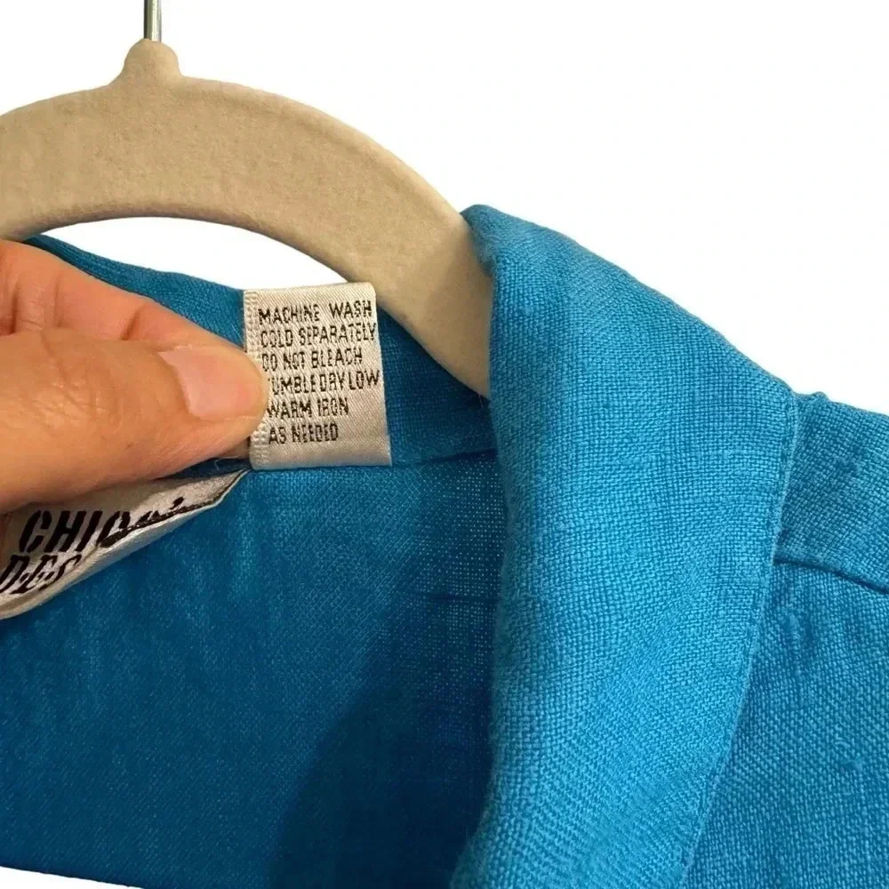 VINTAGE Chico’s 100% Linen Button Up Dress Size M‎ (2) Blue Coastal Beach Casual
